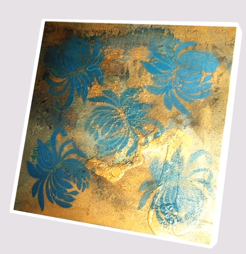 A cyan, powder blue and gold painting. abstract expressionist painting