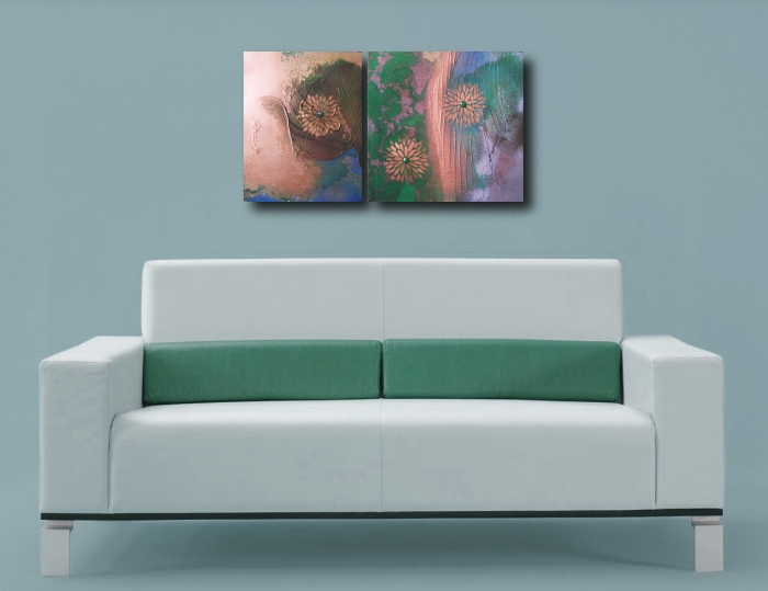 A copper, jade and emerald painting. abstract canvas painting