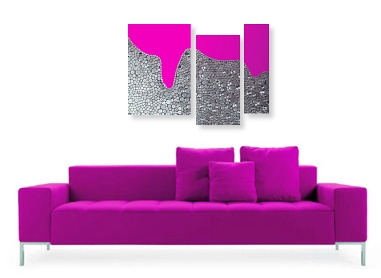 A fuchsia, grey, magenta, maroon, pink, platinum and silver wall sculpture