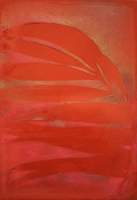 A gold, pink and red painting