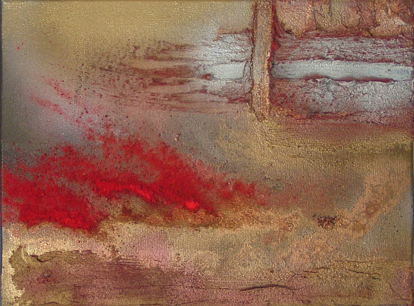 A brass, bronze, copper, crimson, gold, magenta, red, rust and scarlet painting