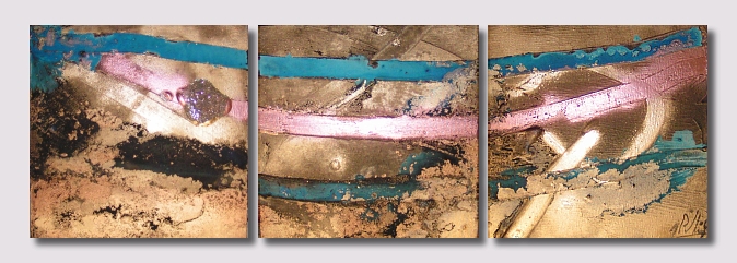A black, bronze, copper, cyan, gold, powder blue, teal and turquoise painting