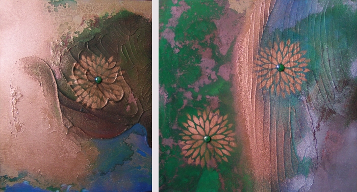 A copper, emerald, gold, green, jade and teal painting