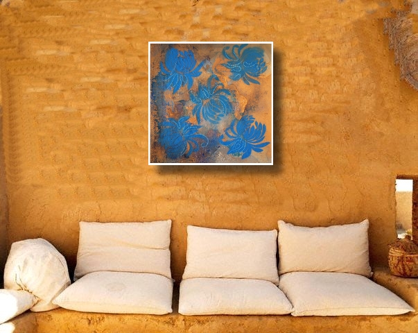 A gold, blue and powder blue painting. abstract color painting
