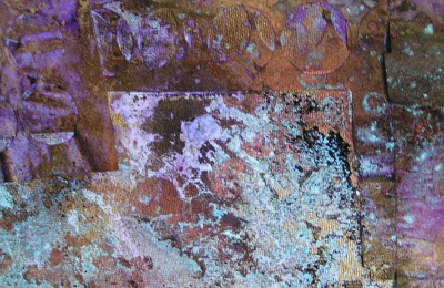 A magenta, mauve and brass painting. buy art work online