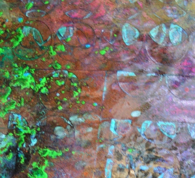 An emerald, burnt umber and saffron painting. 