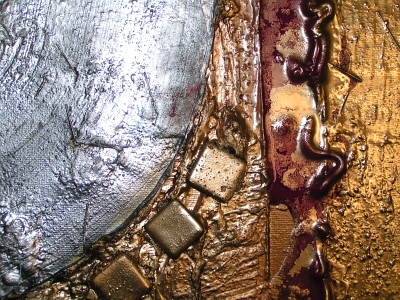 A silver, gold and mustard painting. buy original art