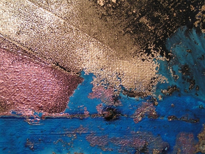 A bronze, turquoise and powder blue painting. 