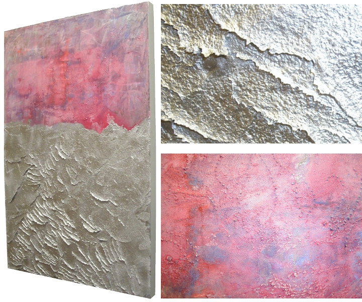 A beige, magenta and silver painting. 