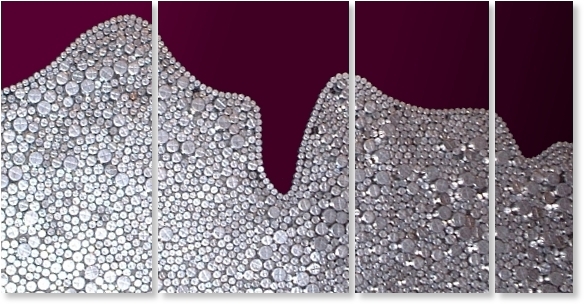 A burgundy, chestnut, crimson, grey, magenta, maroon, platinum, red, scarlet and silver wall sculpture