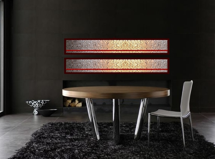 A crimson, grey, magenta, platinum, red, scarlet and silver wall sculpture