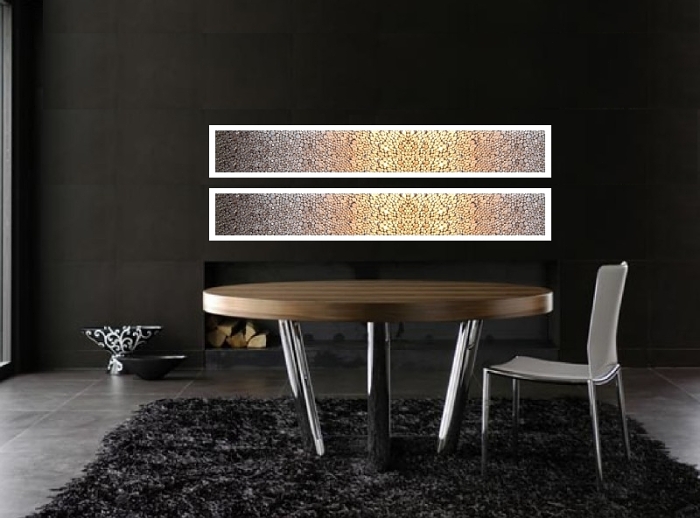 A gold, grey, ivory, platinum, silver and white wall sculpture