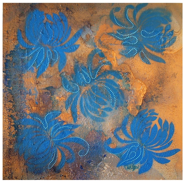 A blue, cobalt, cyan, gold, powder blue and sapphire painting