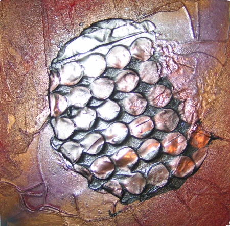 A copper, plum, red and silver painting