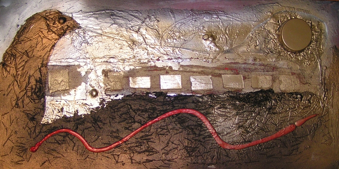 A bronze, crimson, gold, red, rust, scarlet and silver painting