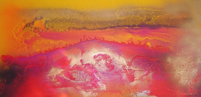 An amber, lemon, magenta, mustard, saffron and yellow painting