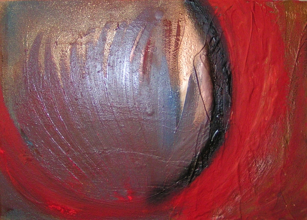 A black, copper, crimson, gold, magenta, red, scarlet and terra cotta painting with some amethyst, lilac, mauve and plum