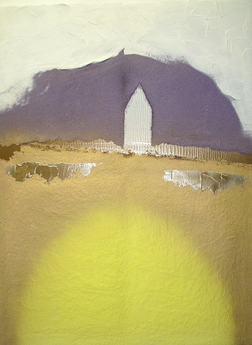 A lemon, mustard, purple, white and yellow painting